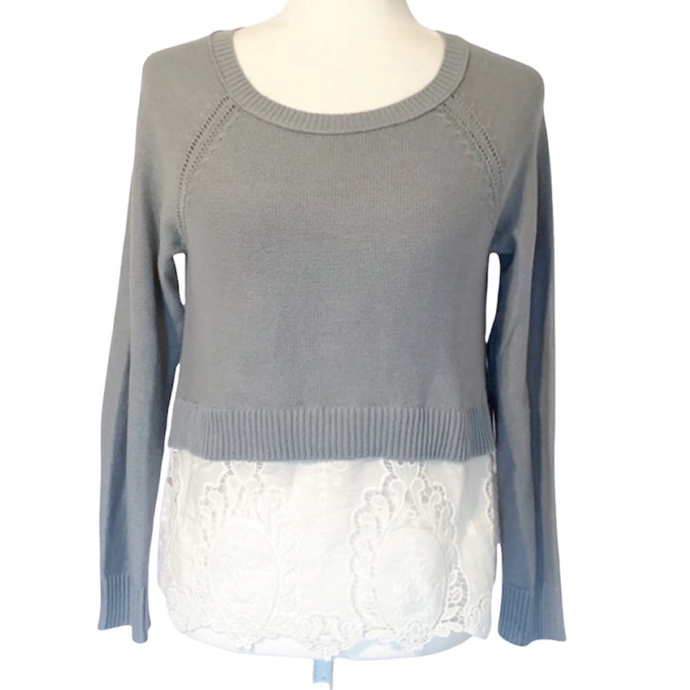 American Eagle Outfitters Gray Crew Neck Sweater with White Lace Hem